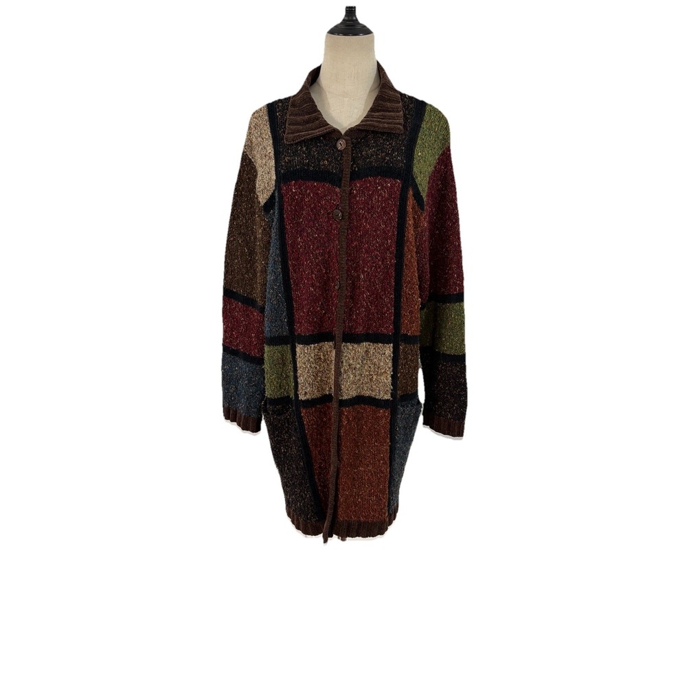 Vtg 90s White Stag Plus Cardigan Sweater  Coat Patchwork Sz 16w Grunge Boho Cozy